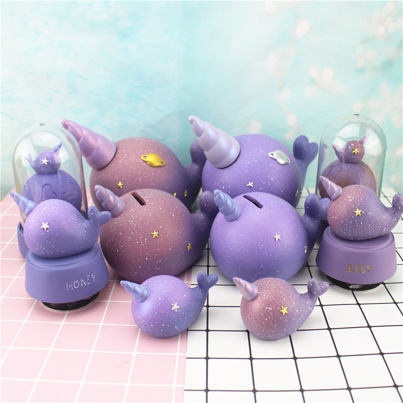 星空色梦幻星辰独角鲸烘焙蛋糕摆件卡通可爱独角鲸音乐铃装饰摆设