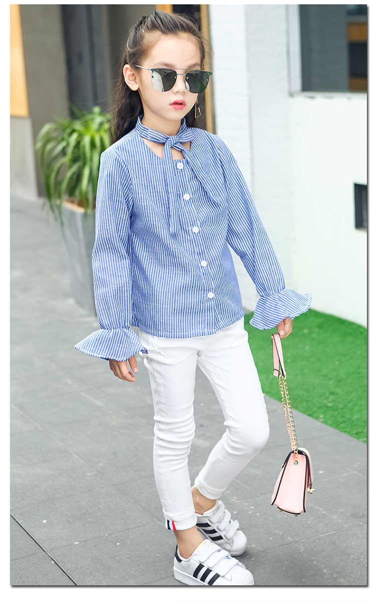 童装女童衬衫春秋2018新款休闲女童条纹衬衫女大童衬衣荷叶袖长袖