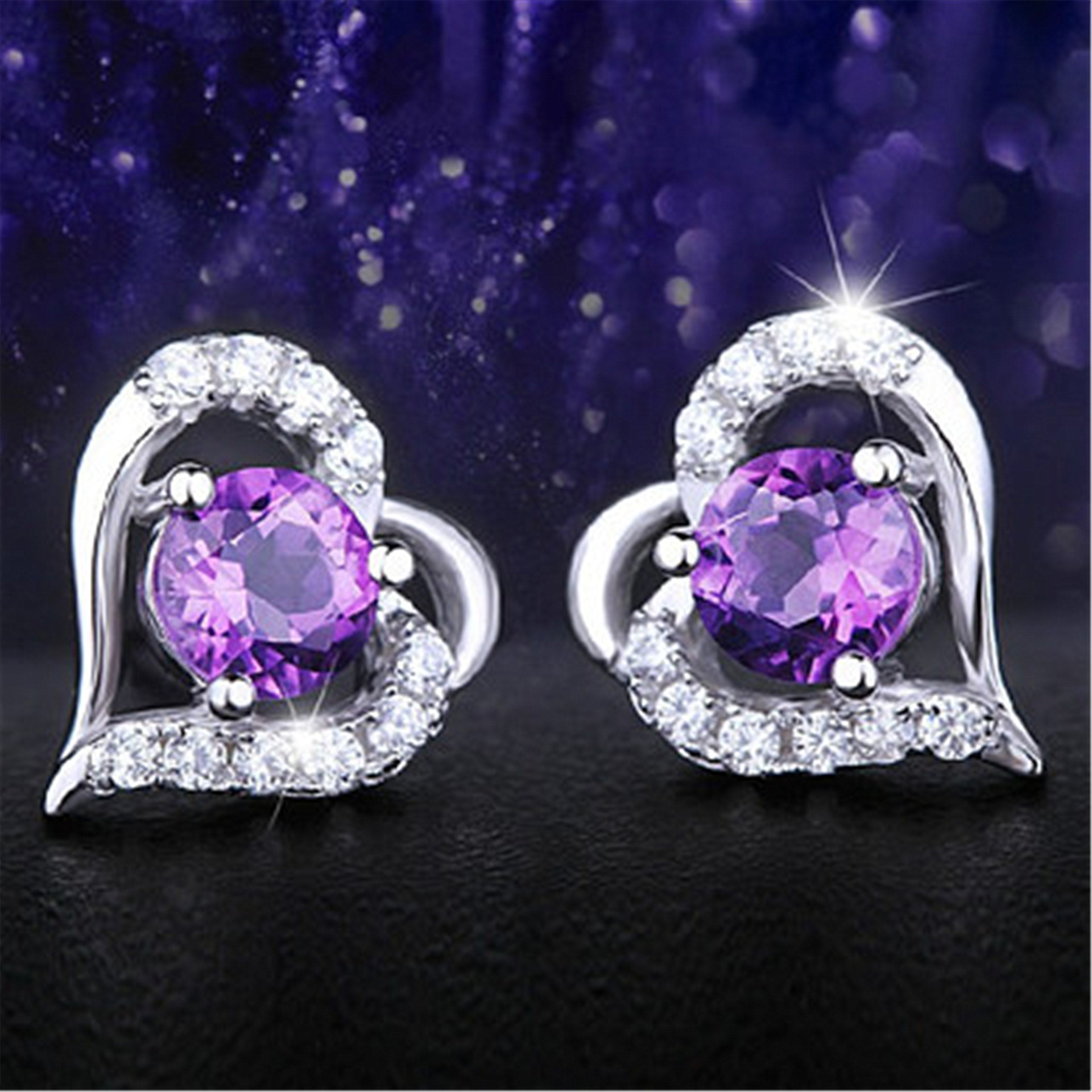 镀银天然紫水晶耳钉心仪心动心形耳环韩国女版气质饰品不易过敏