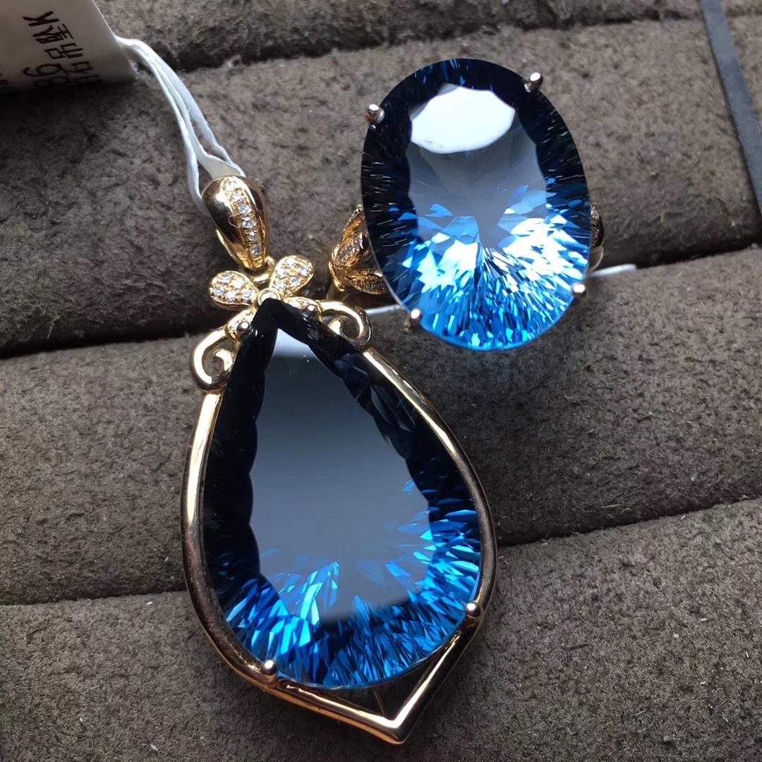 货源基地批发 彩色宝石首饰 18k金托帕石戒指吊坠 水滴形 配证书