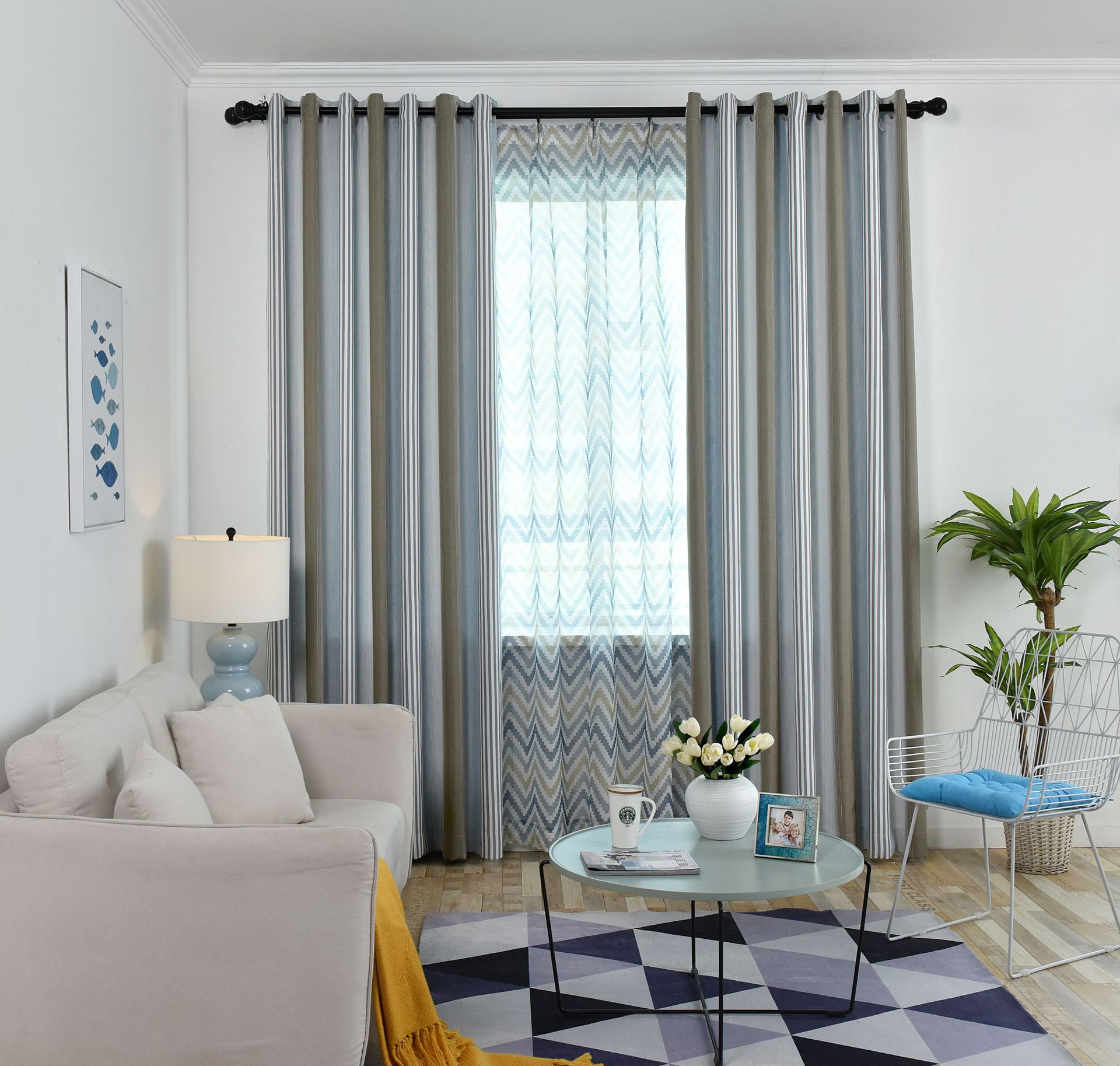 北欧风简约现代客厅卧室飘窗地中海定制窗帘遮光条纹棉麻窗帘成品