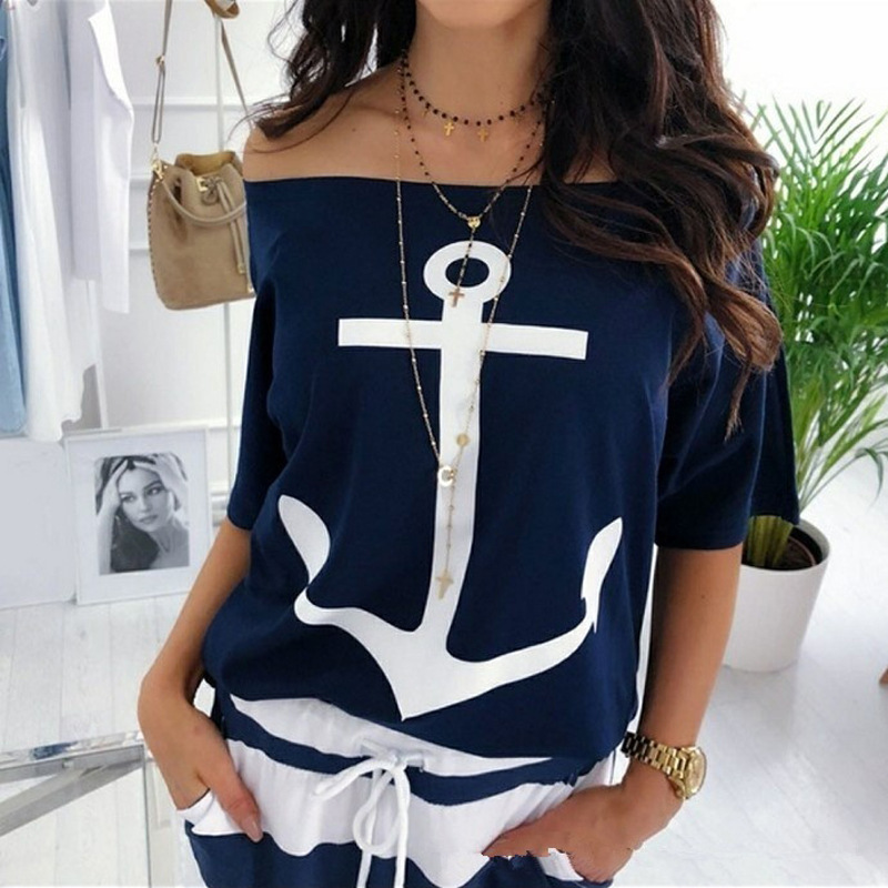 Products in Stock New Wish Amazon EBay Popular Loose off-the-Shoulder Batwing Shirt Printed T-shirt Female Om8839