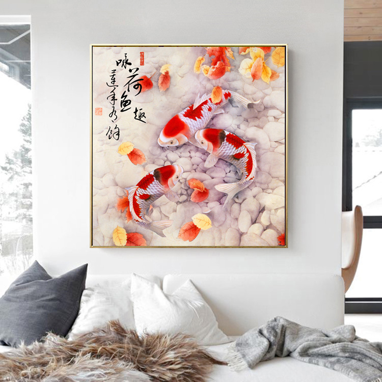 中式5d钻石满钻正方形玄关挂画九鱼图砖石绣卧室点钻十字绣al1208