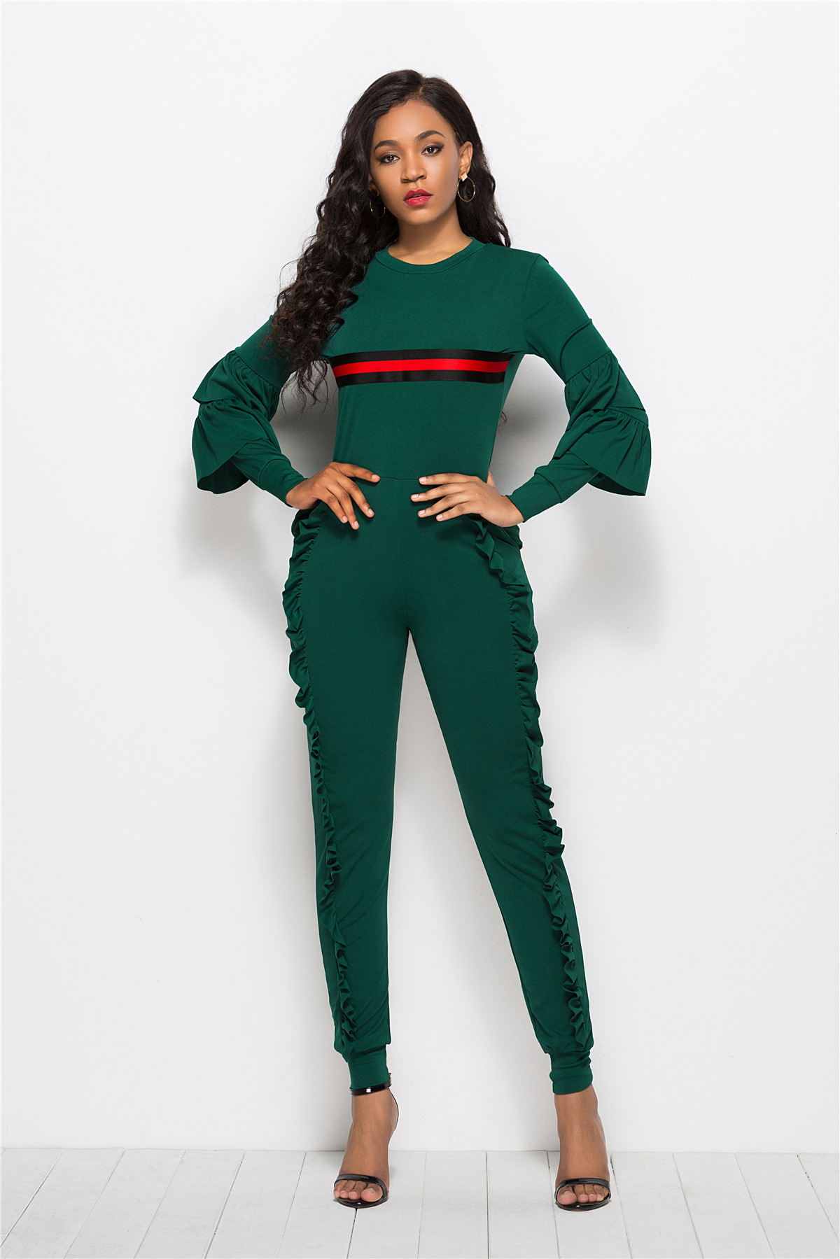 亚马逊 欧美爆款女装 时尚性感条纹木耳边运动休闲连体裤5091