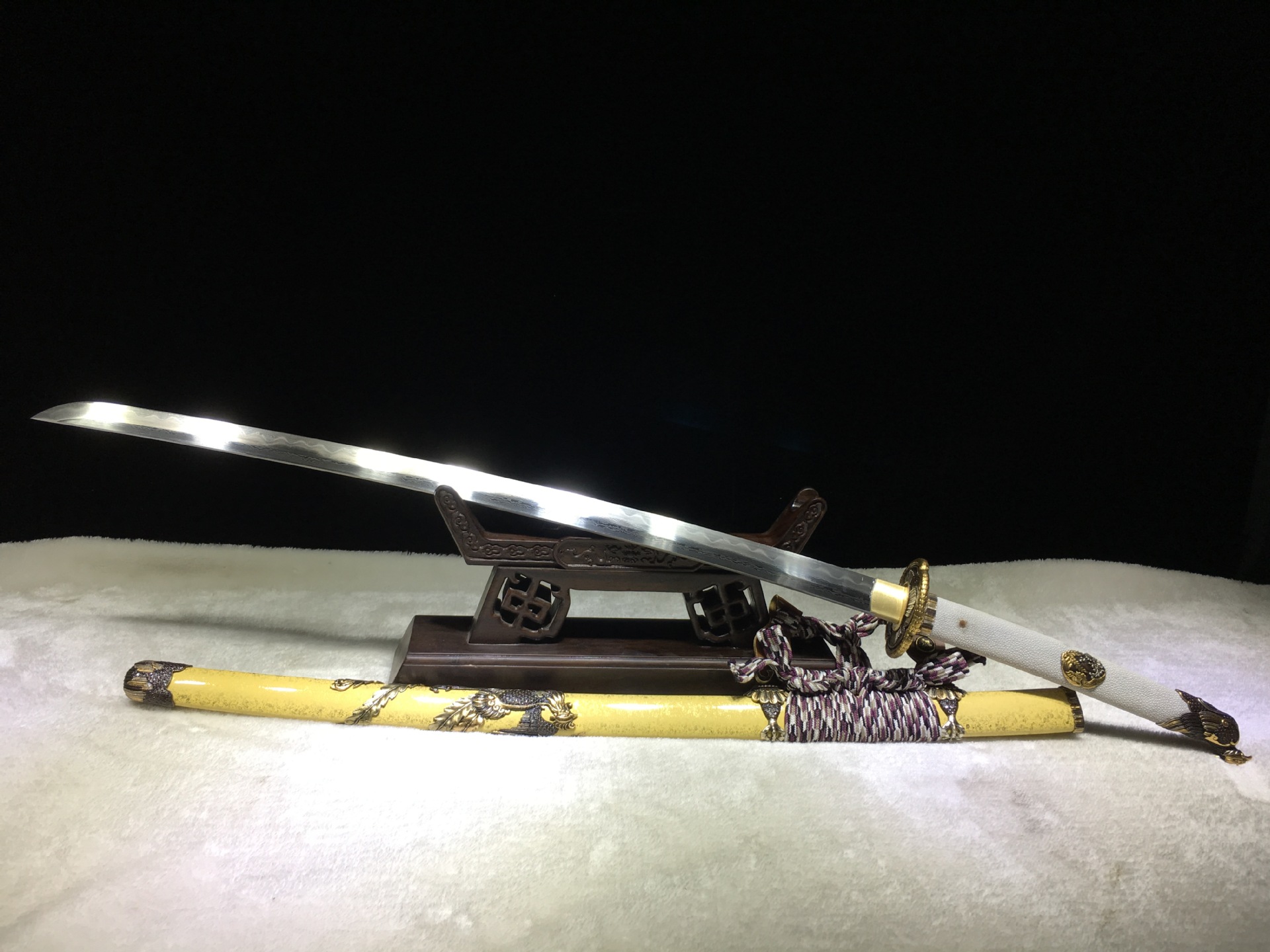 正品龙泉刀剑 折叠花纹钢烧刃凤凰凤王太刀纯铜装鎏金鎏银未开刃