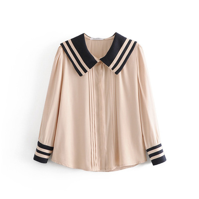 批发2018秋冬新品欧美风女装拼色海军领水手衬衫