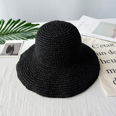 Wide Brim Handmade Crochet Sunshade Straw Hat Female Summer Sun-Proof Bucket Hat Folding Beach Hat Seaside Vacation Sun Hat