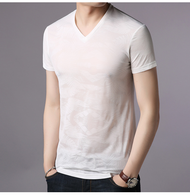 夏季新款男式t恤时尚休闲男装v字领潮流薄款韩版上衣个性男打底衫