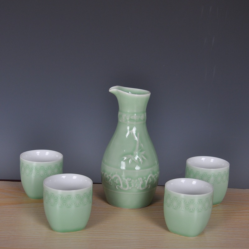 厂家批发青瓷陶瓷白瓷半斤白酒分酒壶温酒器酒具5件套装热暖酒壶