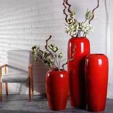 新中式红色复古落地大号花瓶摆件橱窗酒店装饰手工艺品景德镇陶罐