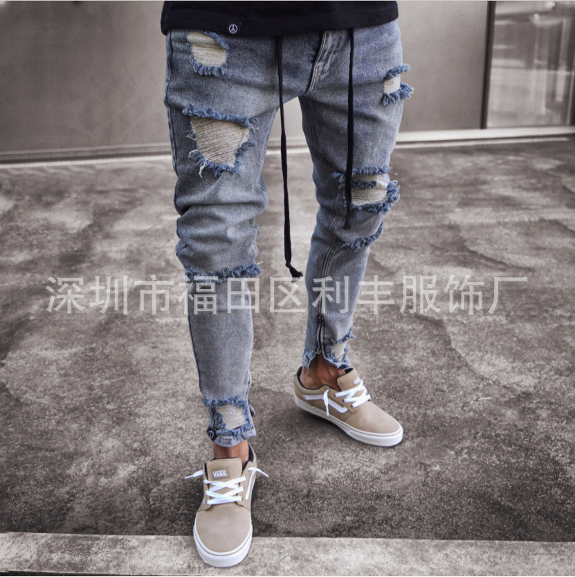 Exclusive for Cross-Border European and American Trendy Jeans Men's Wish New Gray Ripped Stretch Zipper Men's Clothing Skinny Pants