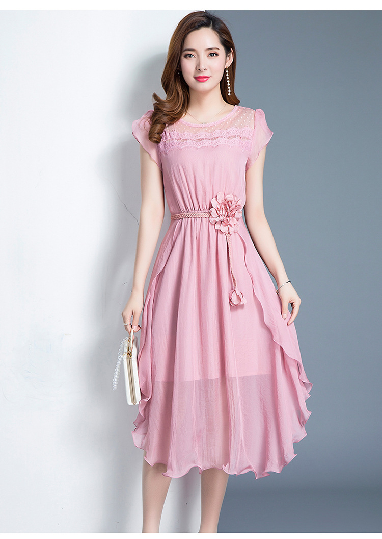 通勤优雅时尚连衣裙2018夏装新款圆领短袖收腰显瘦休闲气质雪纺裙