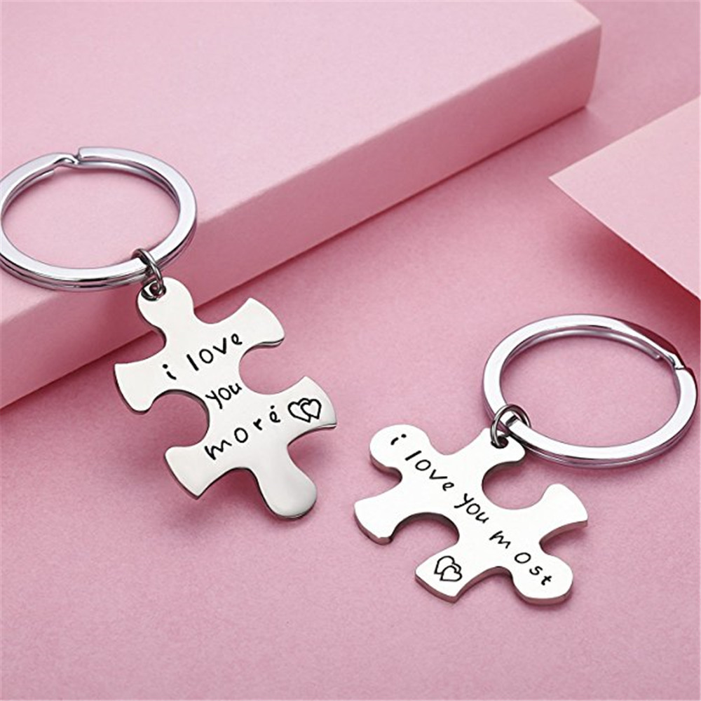 湘某 钛钢拼图亚马逊新品热卖 i love you most 钛钢拼图情侣钥匙