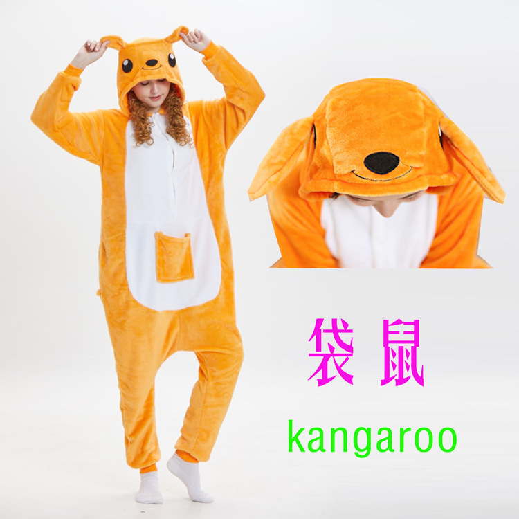 Flannel Kangaroo Cartoon Animal One-Piece Pajamas Women's Winter Couple Homewear Suit Performance Clothes