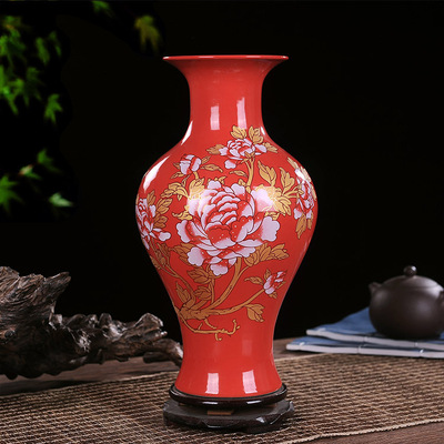中国红花瓶 景德镇陶瓷工艺品喜庆中国红陶瓷花瓶软装中式摆件