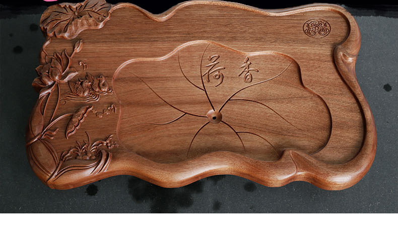 整块原木桃花芯功夫茶具抽屉式排水荷花茶盘套装家用实木储水茶具