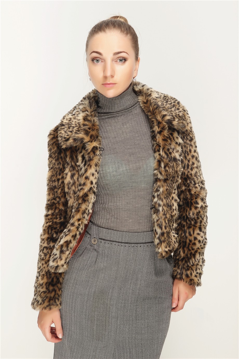 2020欧美皮草外套短款人造毛皮草女上衣豹纹翻领长袖皮草外套