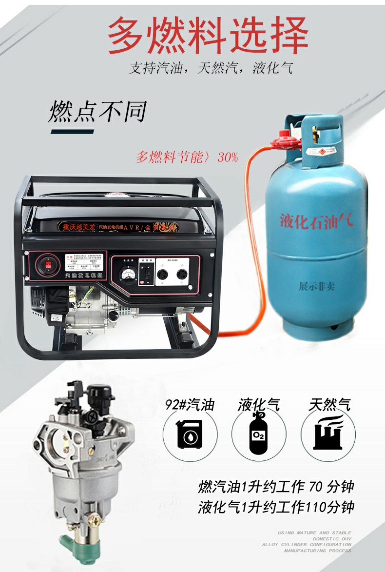 5千瓦汽油发电机220v家用小型单相8kw380伏迷你微型双