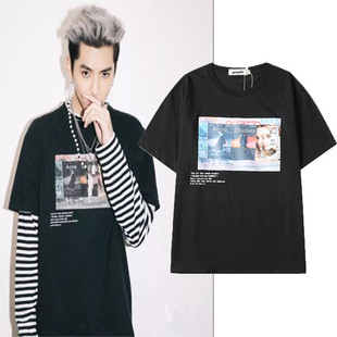 吴亦凡跨年演唱会同款衣服圆领印花宽松男女情侣款短袖t恤潮