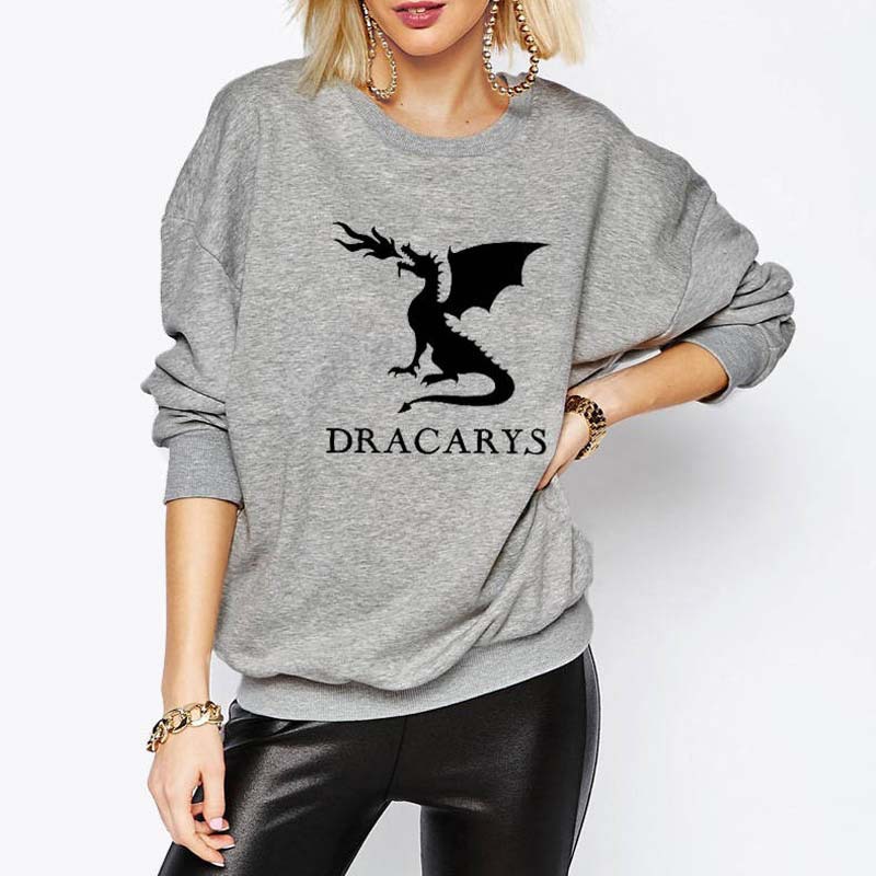 外贸夏季新款英文字母dracarys印花卡通喷火恐龙图案长袖显瘦卫衣