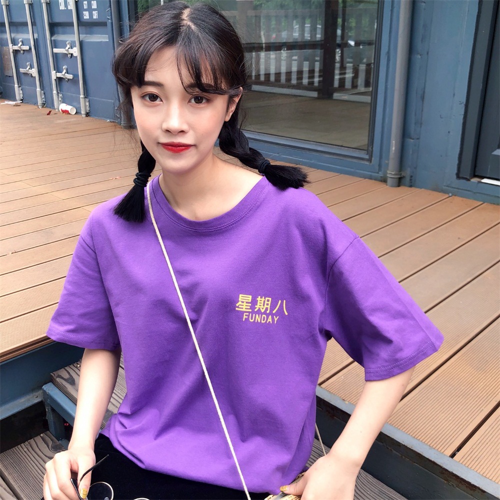 2019韩版夏季新款女装宽松大码印上衣女紫色短袖t恤学生衣服潮