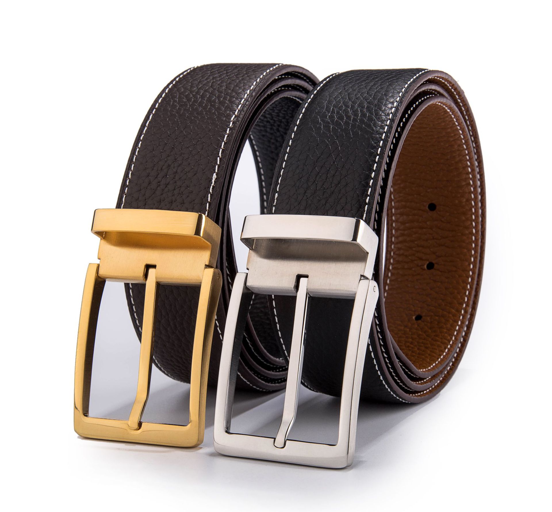 男士不锈钢扣头真皮腰带 原版荔枝纹双面进口头层牛皮针扣皮带3.