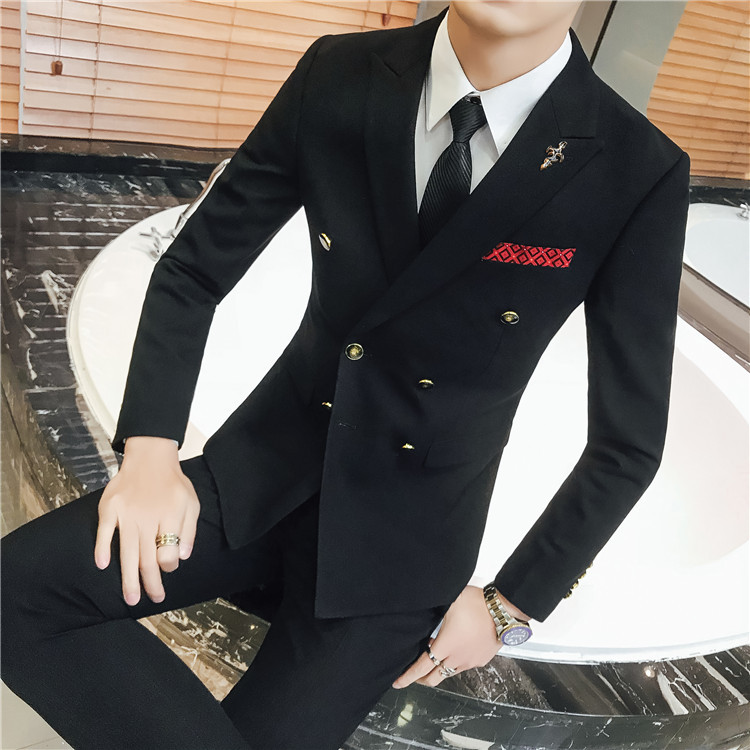 春夏款韩版男士修身双排扣夜店少爷西服三件套休闲正装西装套装
