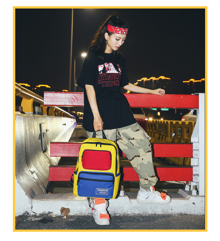 d-598menghuo新款港风多兜大容量撞色双肩包学生旅行时尚背包