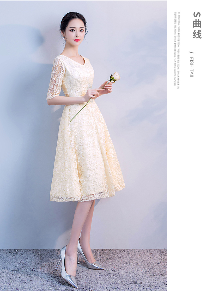 2020秋冬新款香槟色伴娘服中袖中长款优雅订婚礼服生日宴晚礼服女