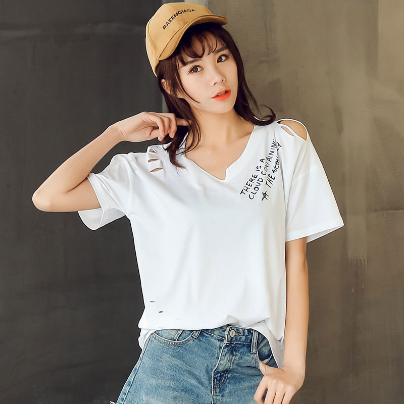 短袖t恤女宽松韩版夏季批发学生时尚v领纯棉破洞ulzzang一件代发