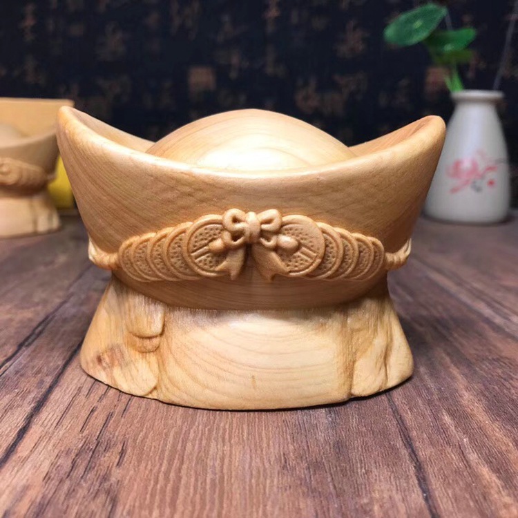 崖柏双面精雕元宝工艺品办公室招财进宝精品摆件