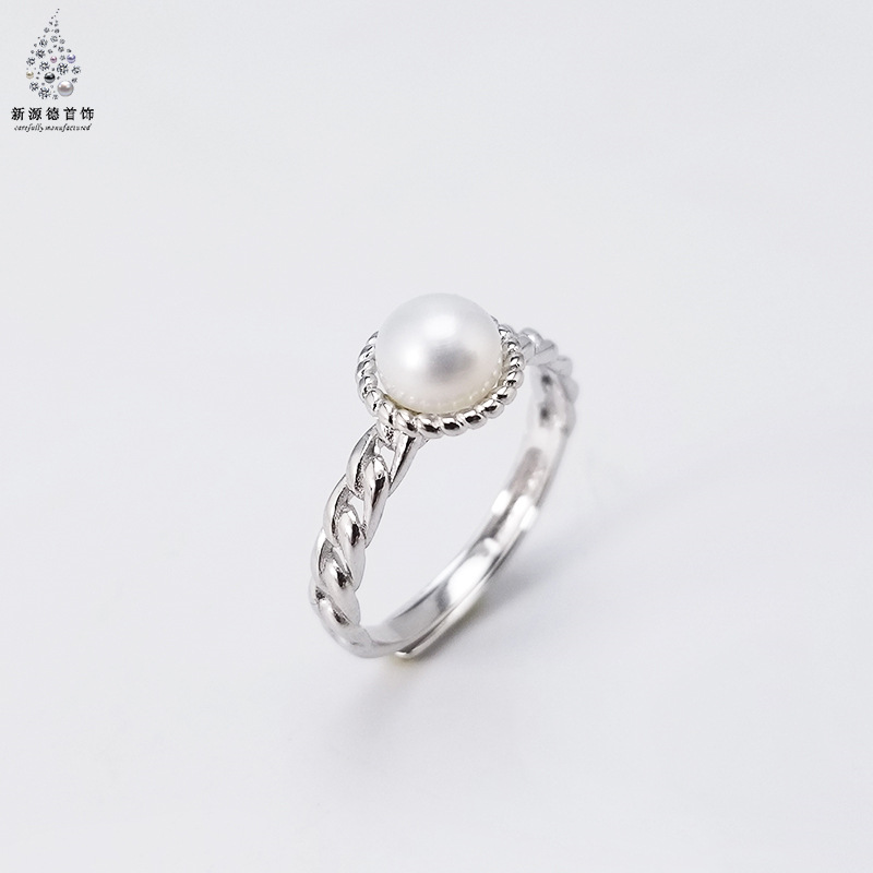 新款925银指环女韩版麻花编织天然珍珠可调节戒指 女diy配件批发