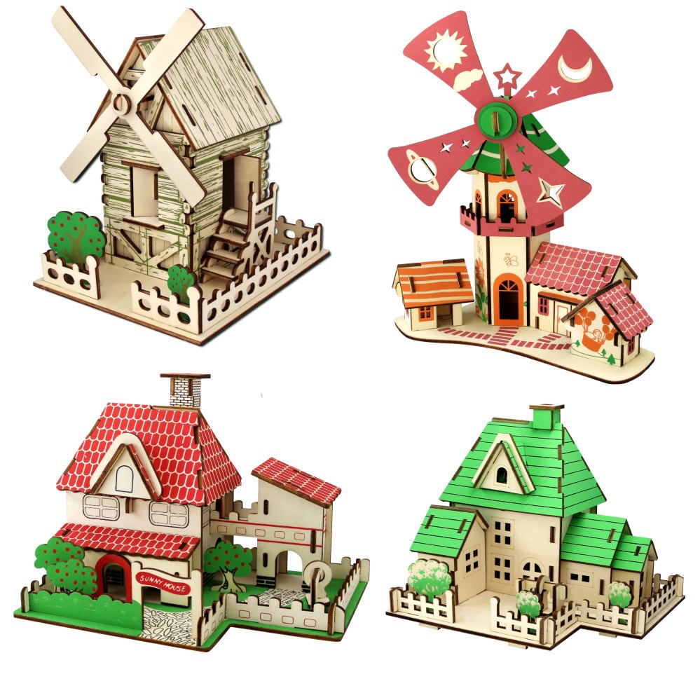 六一四联激光木质3d拼图儿童益智玩具手工科教拼图风车小屋小房