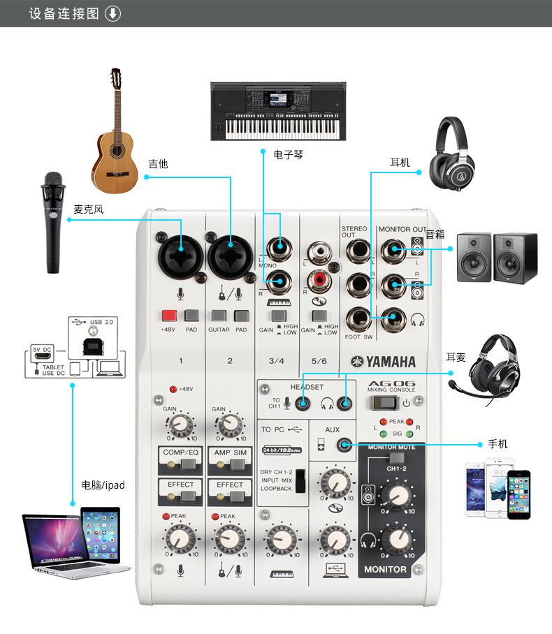 yamaha/雅马哈 ag06 调音台声卡录音配音主播k歌唱歌电脑手机直播