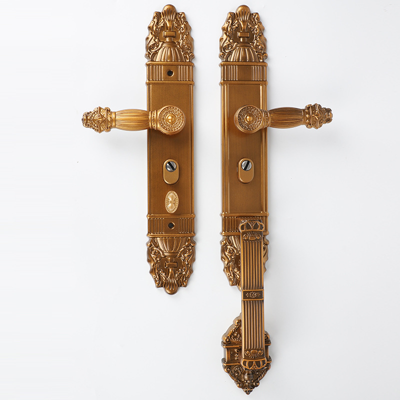 厂家供应别墅双开门把手防盗门拉手锁铝执手咖啡金色复古大气