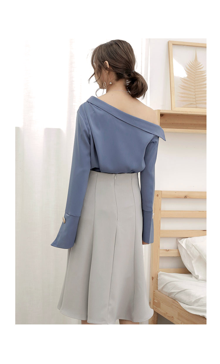 韩版性感一字领斜肩长袖衬衫女2018春装新款露肩上衣雪纺衫