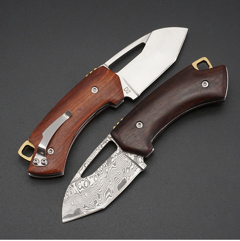 户外折刀大马士革钢多功能野营红檀木柄水果刀阳江工具现货批发