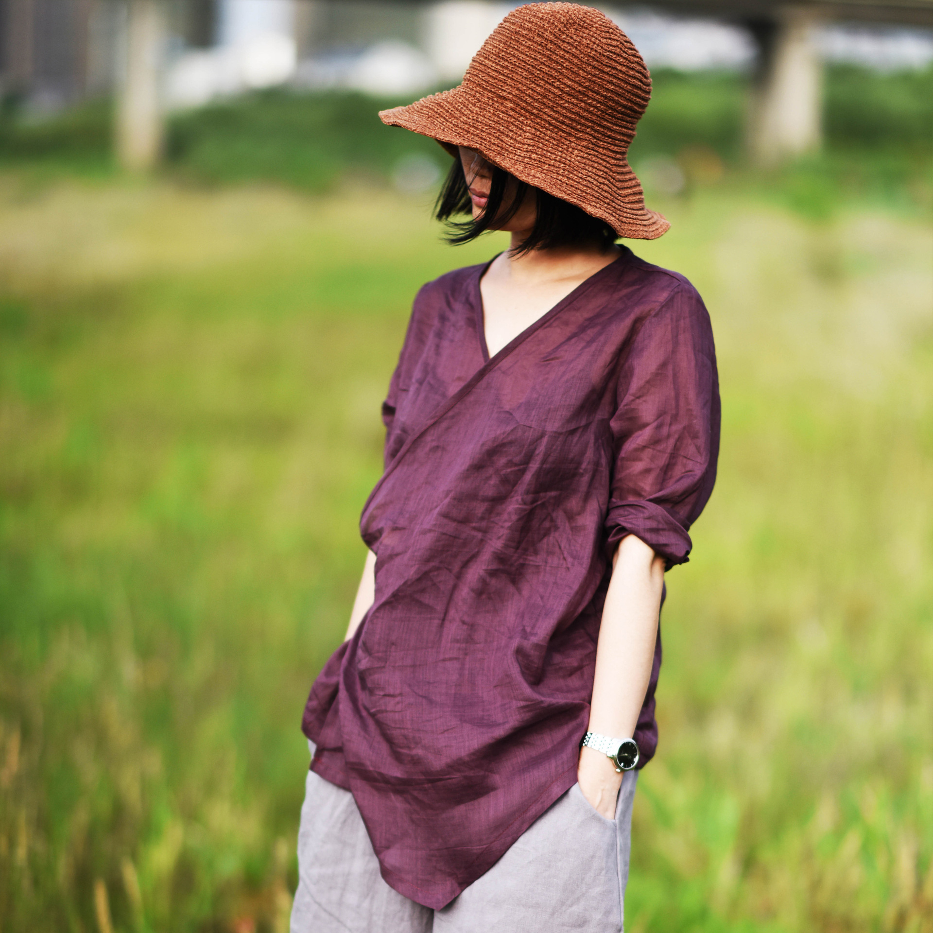 素年未央 十二卷/苎麻春秋夏季新款斜襟复古轻旅系带衬衫棉麻女装