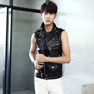 2018外贸男装皮衣马夹 夜店舞台皮衣马甲男 皮马甲欧美摇滚