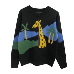 2018秋冬新款韩版长颈鹿提花图案圆领套头长袖毛衣针织上衣现货z