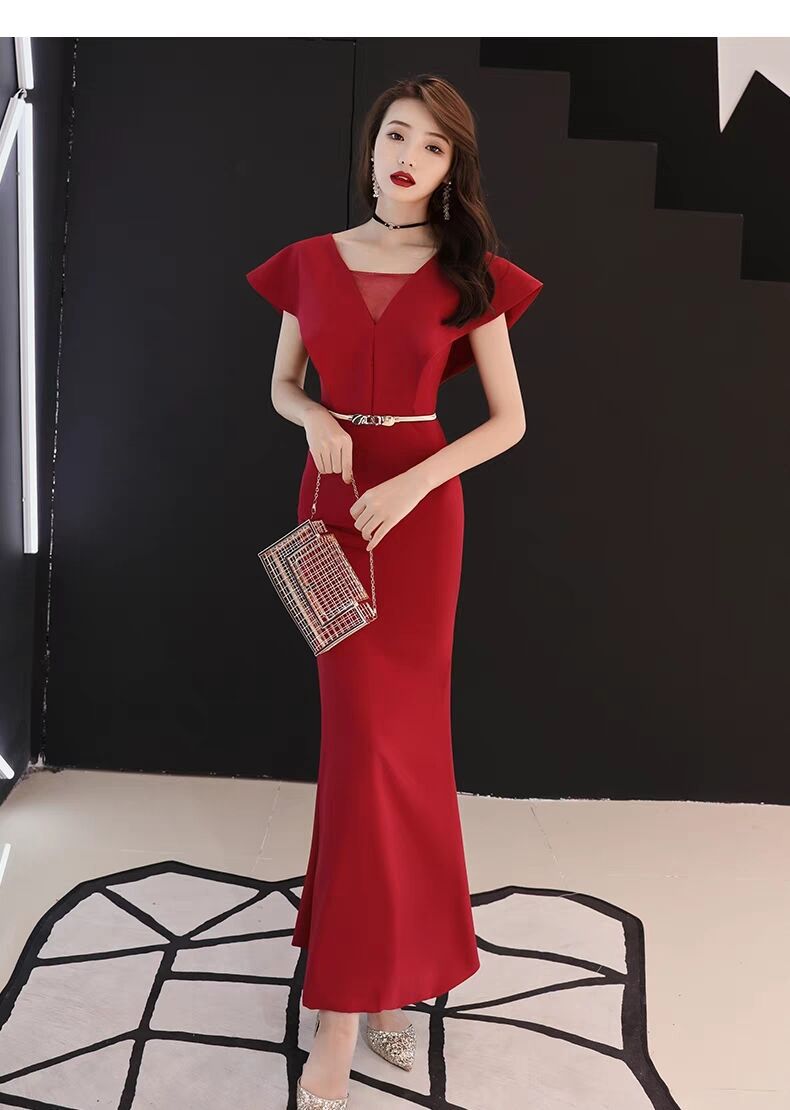 端庄新娘敬酒服网纱透视深v领荷叶袖露背显瘦包臀鱼尾长连衣裙韩