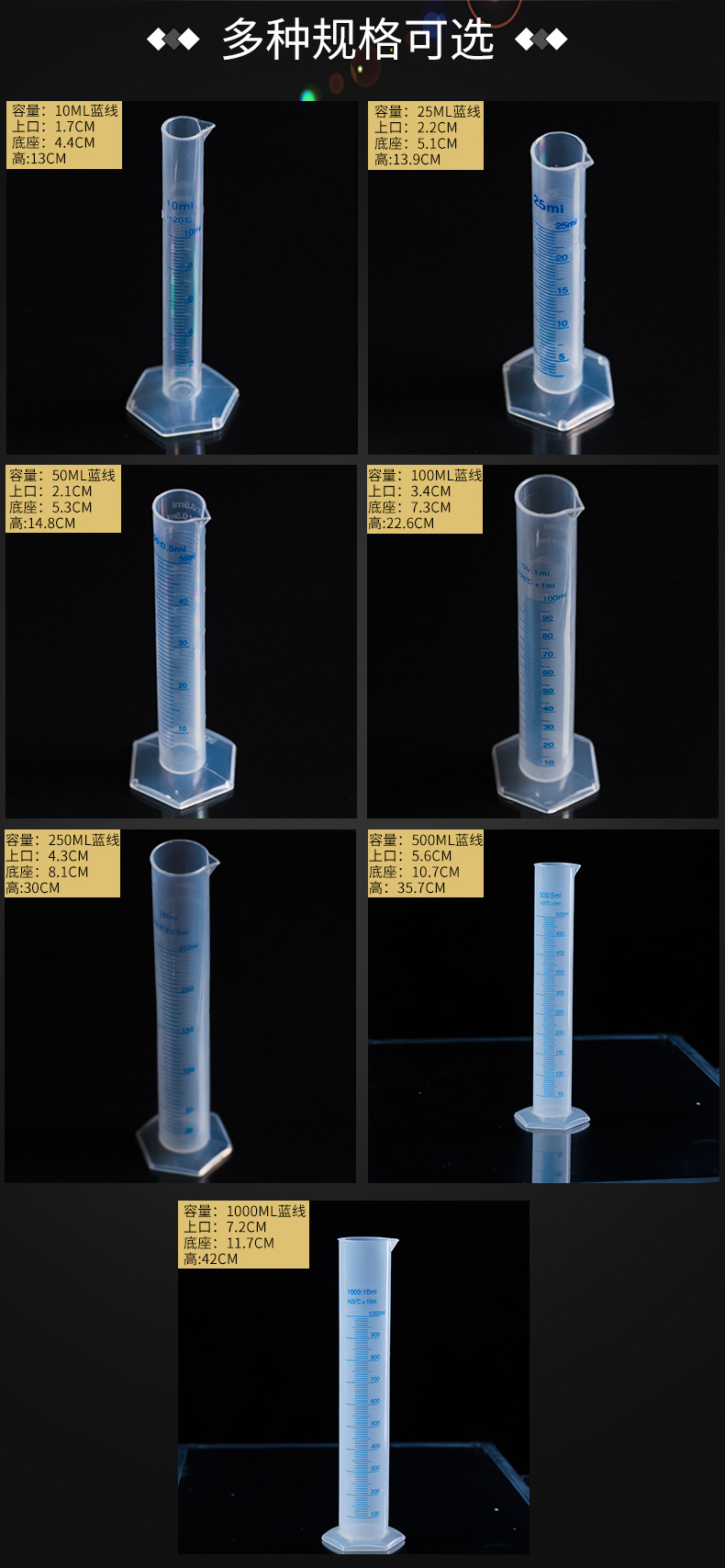塑料量筒 250ml量筒 蓝线刻度 耐酸碱 pp测量筒 实验室用品 量筒