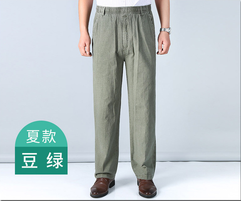 Summer Thin Middle-Aged and Elderly Men's Pants Elastic Waist Cotton and Linen Men's Casual Jeans Dad Wear Straight-Leg Pants