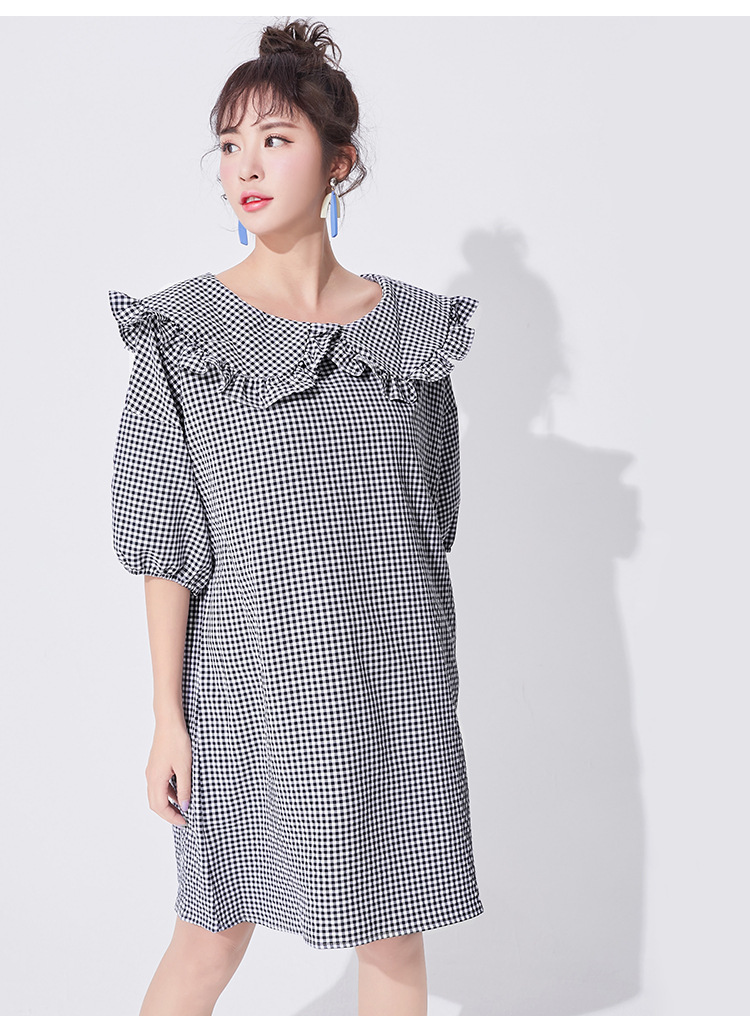 黑白连衣裙_格子荷叶边娃娃领连衣裙女夏2018新款韩版短袖中长款 - 阿