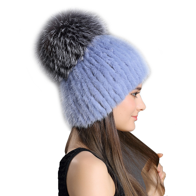 韩版秋冬水貂毛皮草帽子女水貂编织帽狐狸毛大球保暖帽时尚