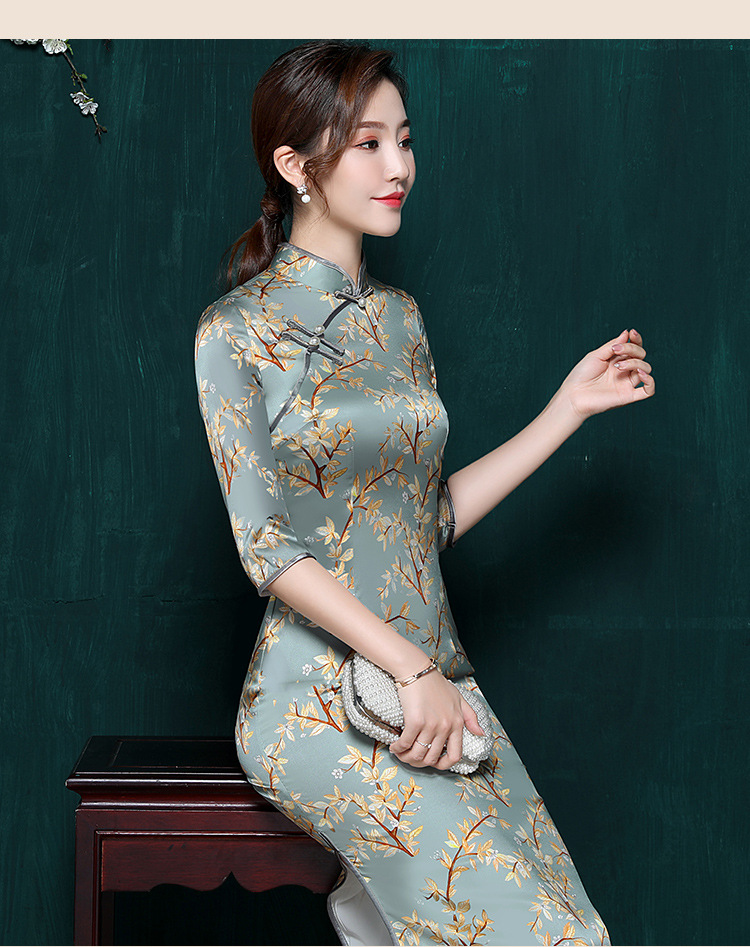 复古唐装气质修身真长款低开衩立领七分袖真丝旗袍货号qy99003