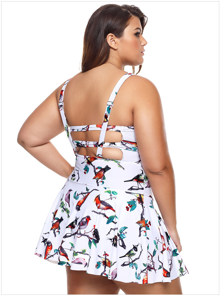 时颖欧美大码泳装印花比基尼性感吊带露背裙式连体泳衣410303