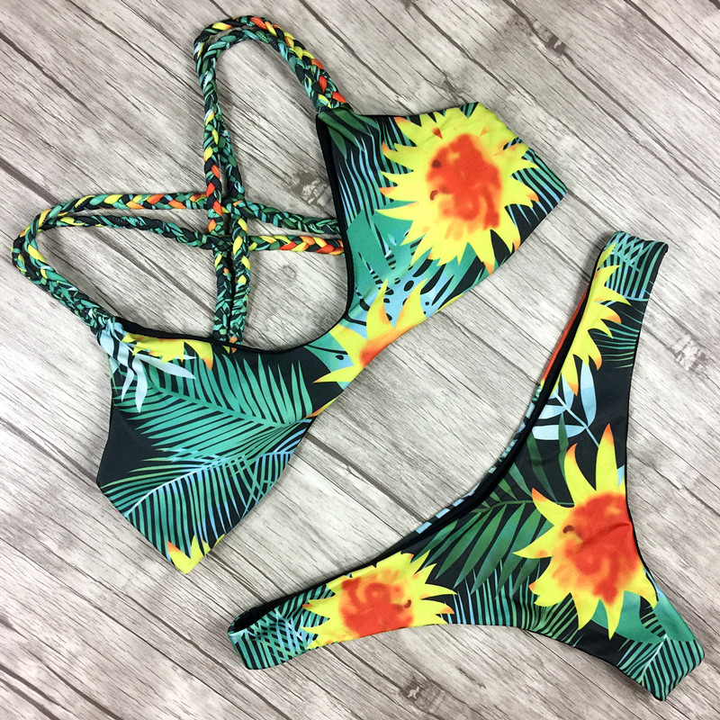 速卖通ebay亚马逊热卖粽叶印花分体比基尼bikini泳装欧美泳衣