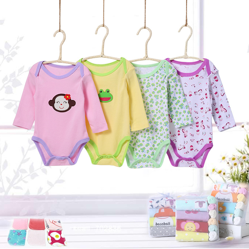 2022 Summer Factory Wholesale New Baby Clothes Long-Sleeve Jumpsuit Small Square Towel Baby Jumpsuit Gift Box