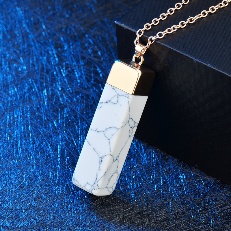 wish热销质感纹路石仿大理石吊坠项链 天然石立方体个性复古项坠